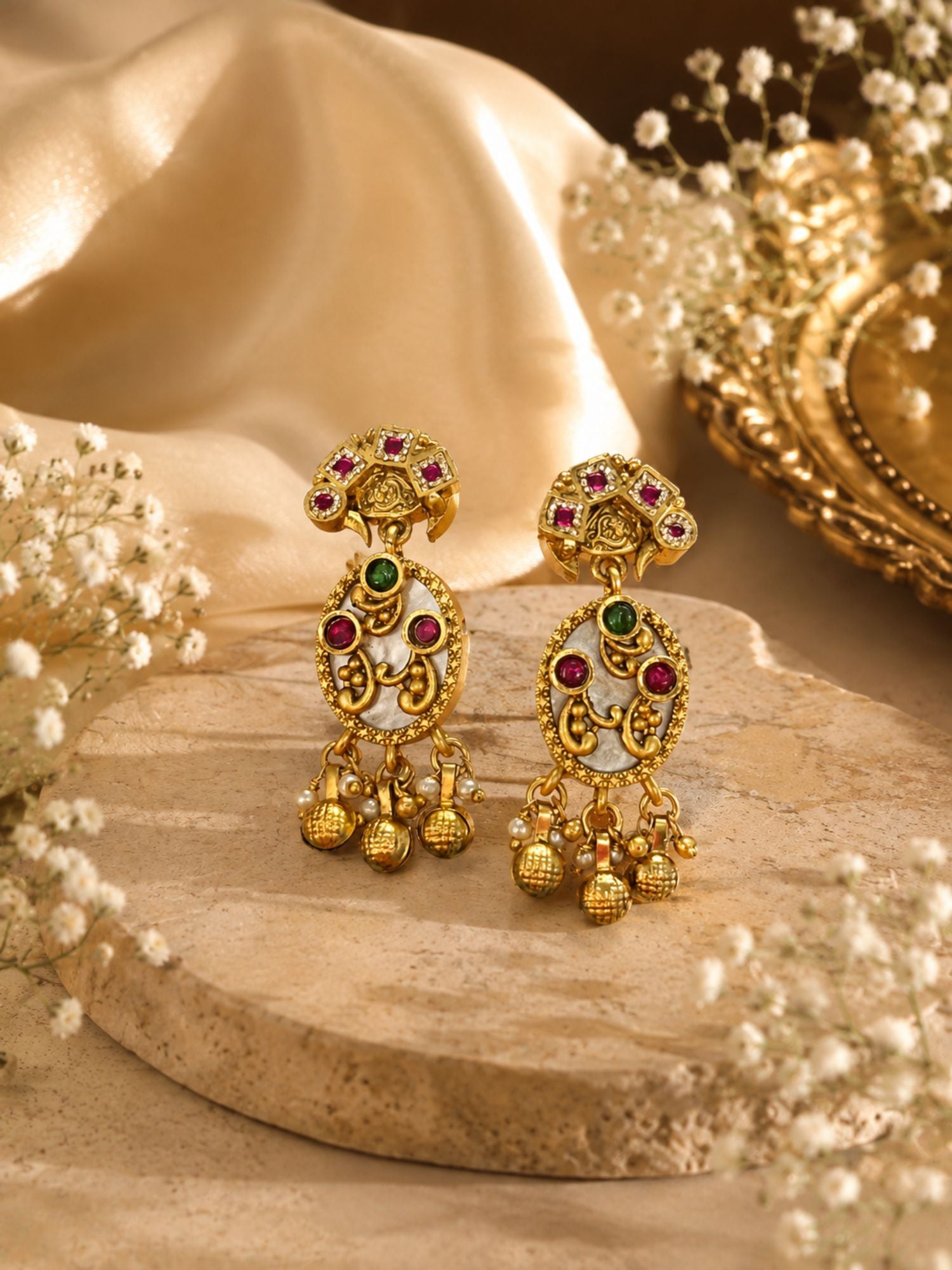 Antique Gold Plated Multicolor Kundan Pearl Layered Mala Necklace Set with Earrings