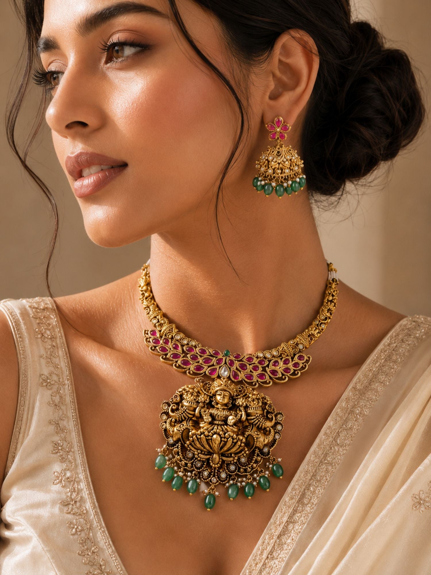 Abdesigns Royal Lakshmi Temple Necklace Set with Antique Gold Finish & Green Drops