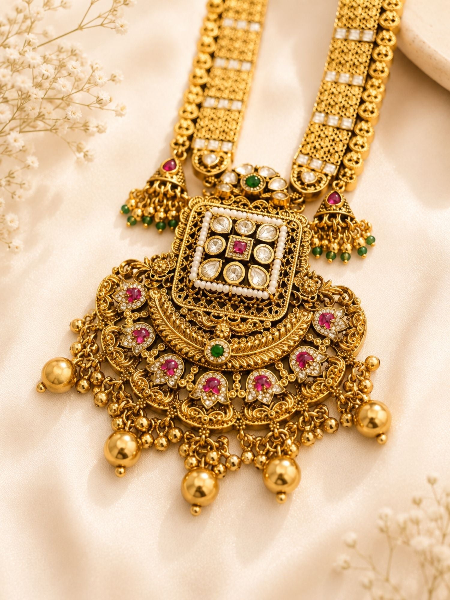 Gold Multicolour Ruby Green Stones Kundan Long Necklace Set  | Abdesigns
