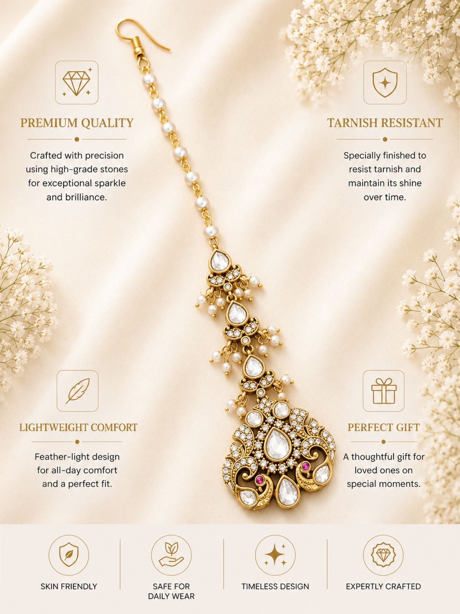 Peacock Polki Kundan Pearl Maang Tikka in Oxidsed Gold Plating | Abdesigns
