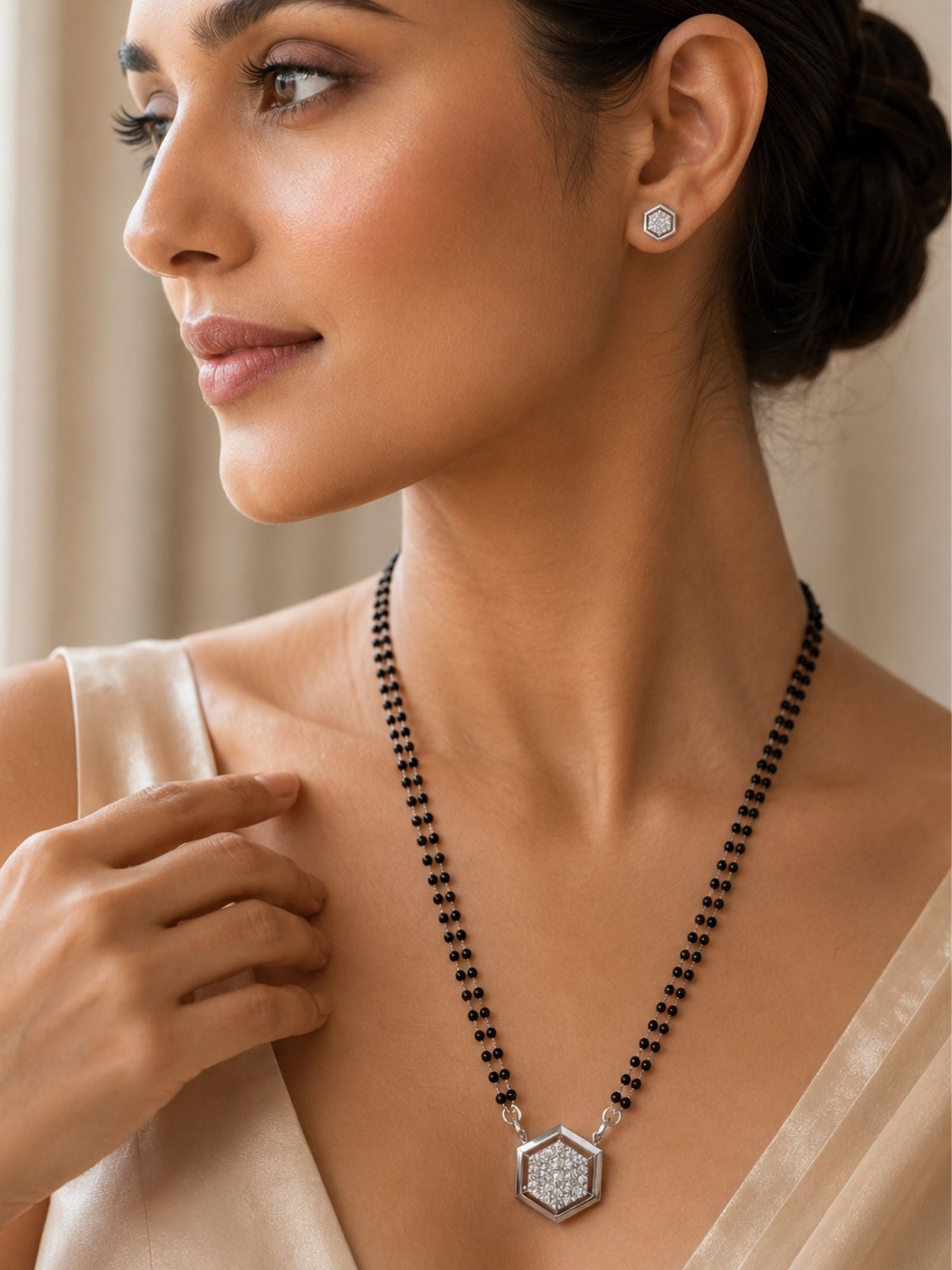 Hexagon American Diamond Mangalsutra in Silver Plating | Abdesigns