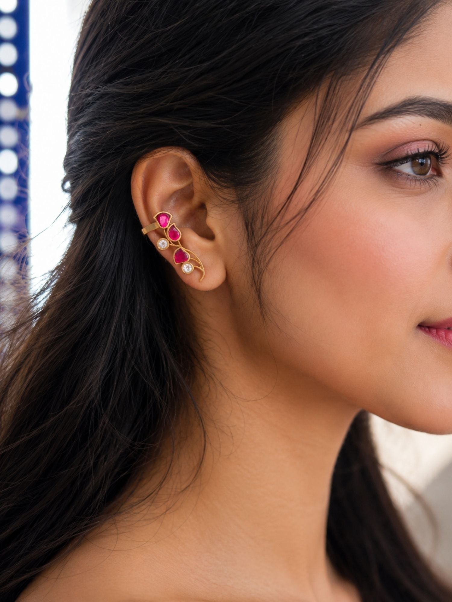 Pink Kemp Stone Ear Cuff Earrings in Gold Plating | Abdesigns
