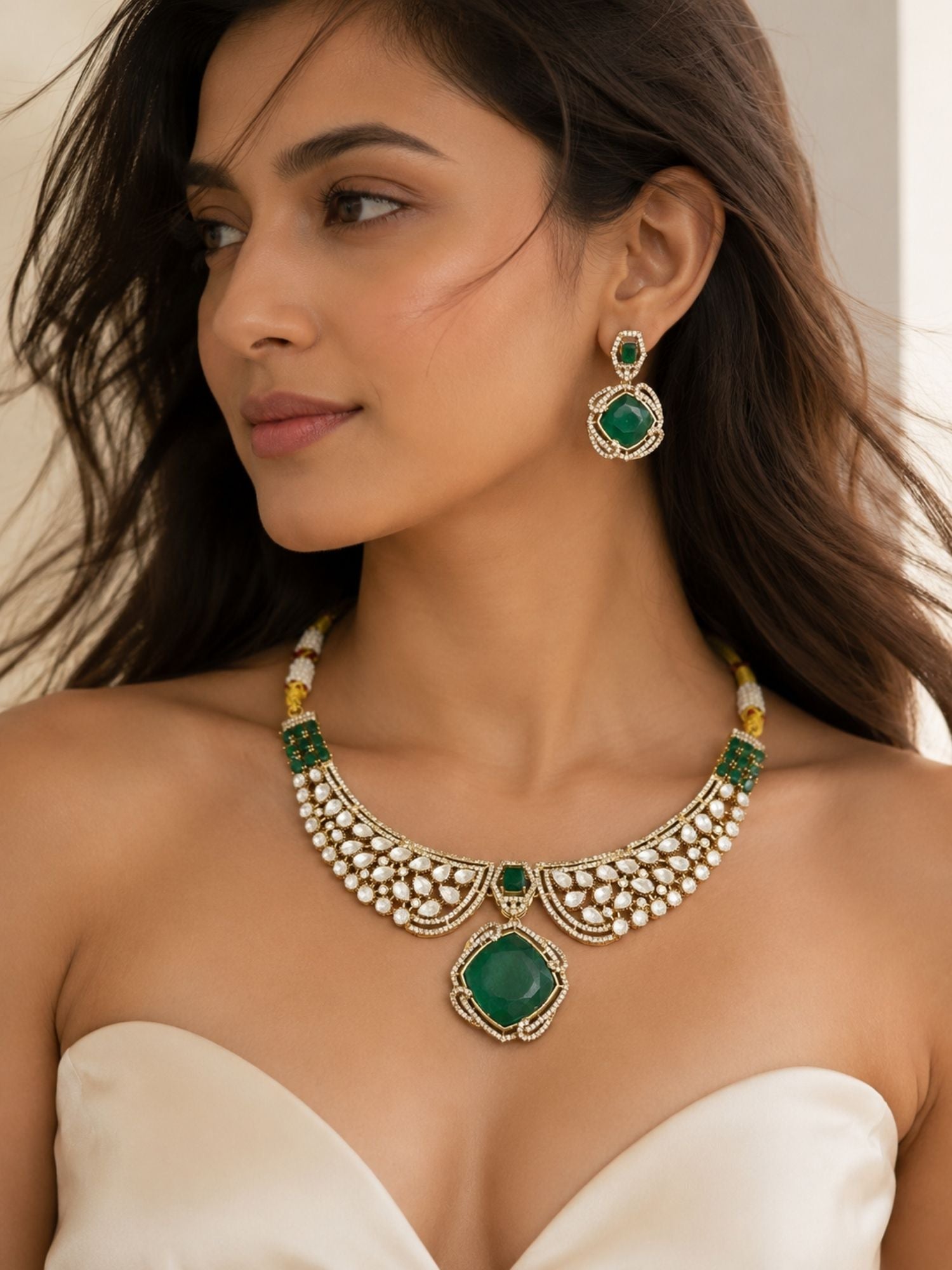 Gold Polki Green Emerald Stone Necklace Set | Abdesigns Jewellery