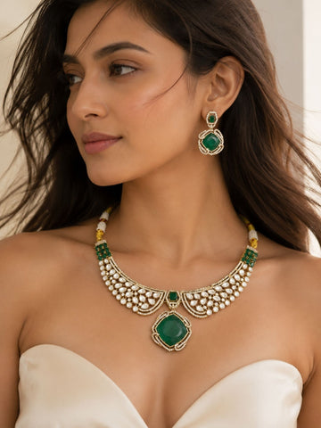 Gold Polki Green Emerald Stone Necklace Set | Abdesigns Jewellery
