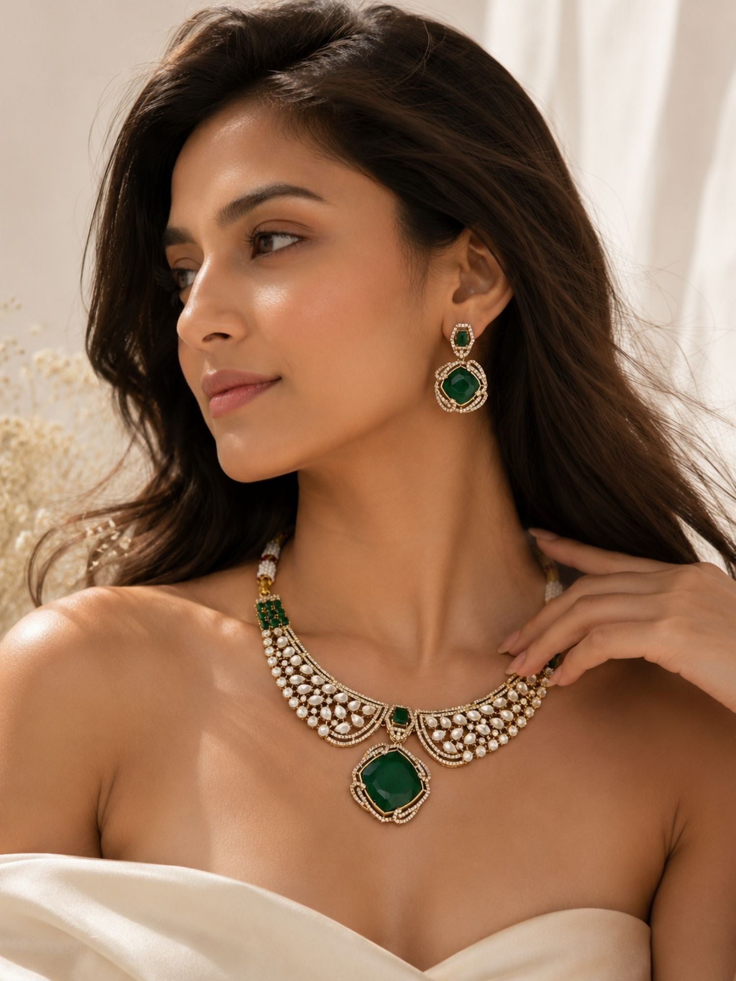 Gold Polki Green Emerald Stone Necklace Set | Abdesigns Jewellery