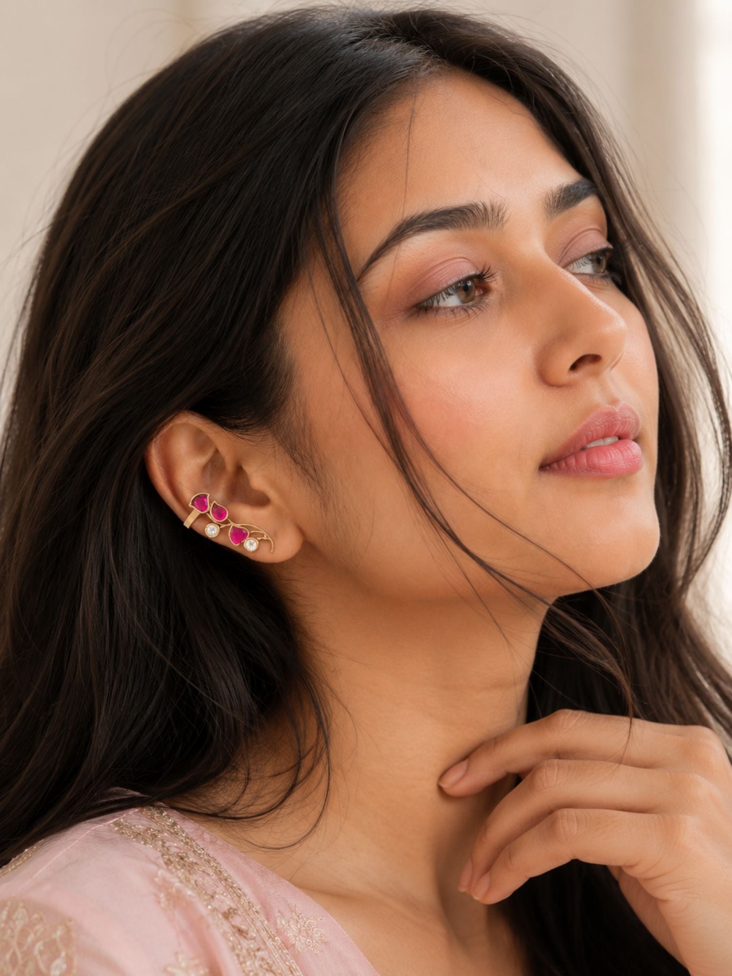 Pink Kemp Stone Ear Cuff Earrings in Gold Plating | Abdesigns