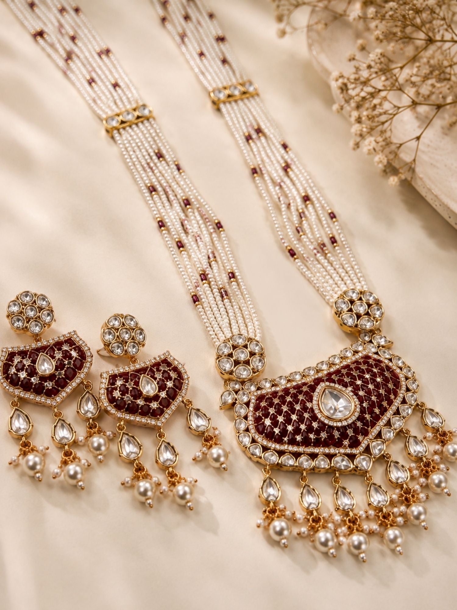 Traditional Pearl Mala Necklace Set with Ruby Kundan Pendant | Bridal Long Haram Jewellery | Abdesigns Jewellery