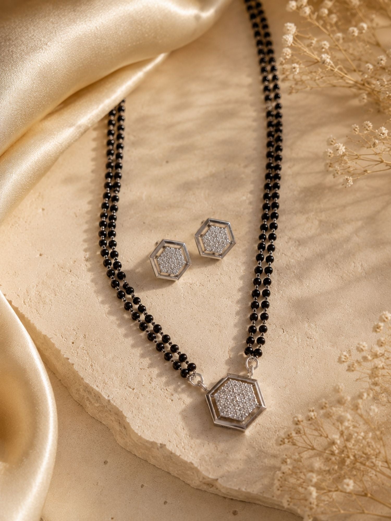 Hexagon American Diamond Mangalsutra in Silver Plating | Abdesigns