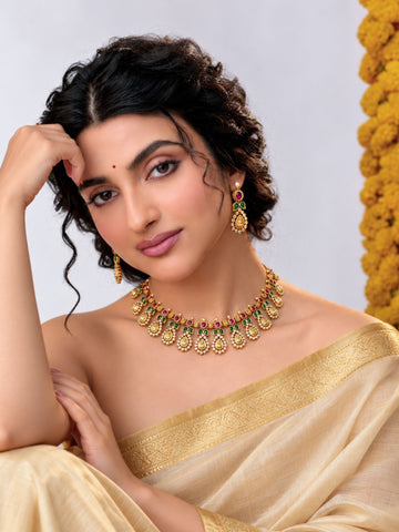 Temple Lakshmi Coin Choker Set Antique Gold | Abdesigns Jewellery