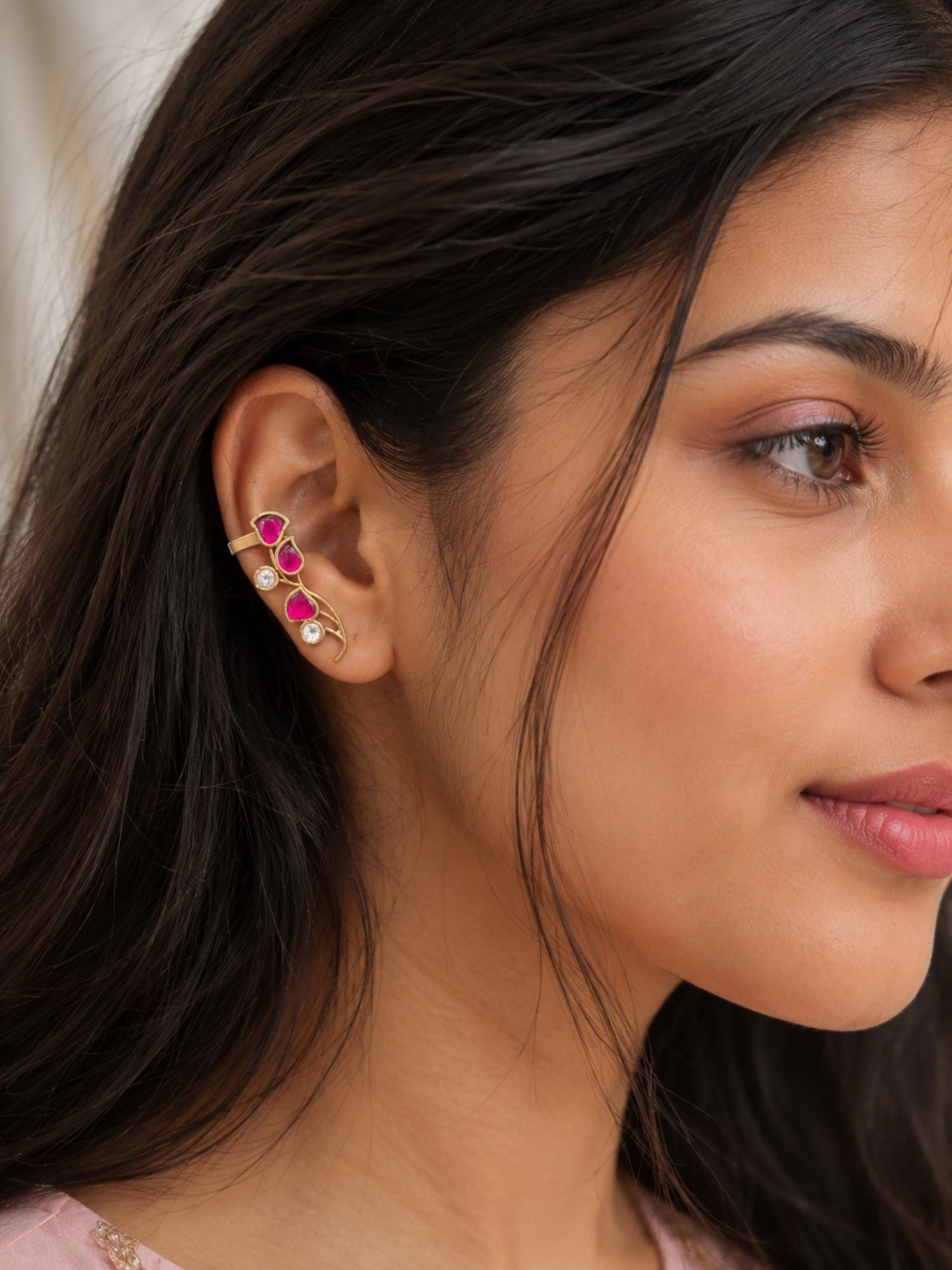 Pink Kemp Stone Ear Cuff Earrings in Gold Plating | Abdesigns