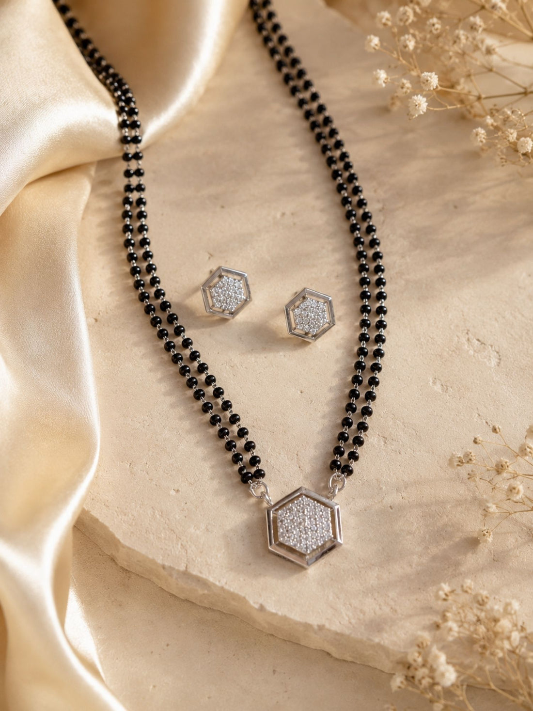Hexagon American Diamond Mangalsutra in Silver Plating | Abdesigns