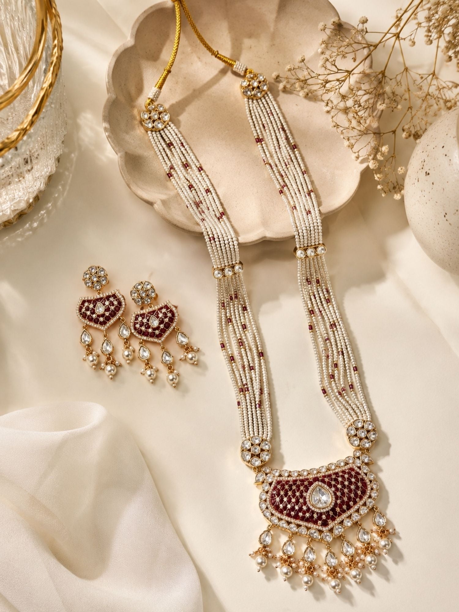 Traditional Pearl Mala Necklace Set with Ruby Kundan Pendant | Bridal Long Haram Jewellery | Abdesigns Jewellery