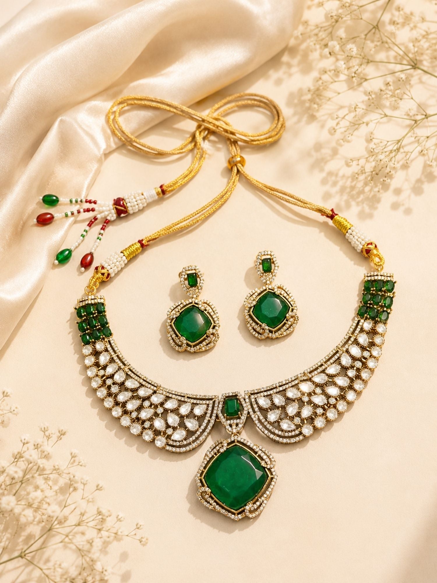 Gold Polki Green Emerald Stone Necklace Set | Abdesigns Jewellery