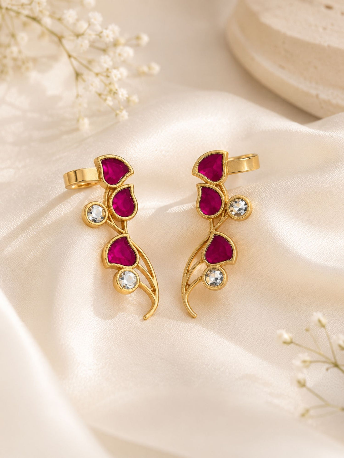Pink Kemp Stone Ear Cuff Earrings in Gold Plating | Abdesigns