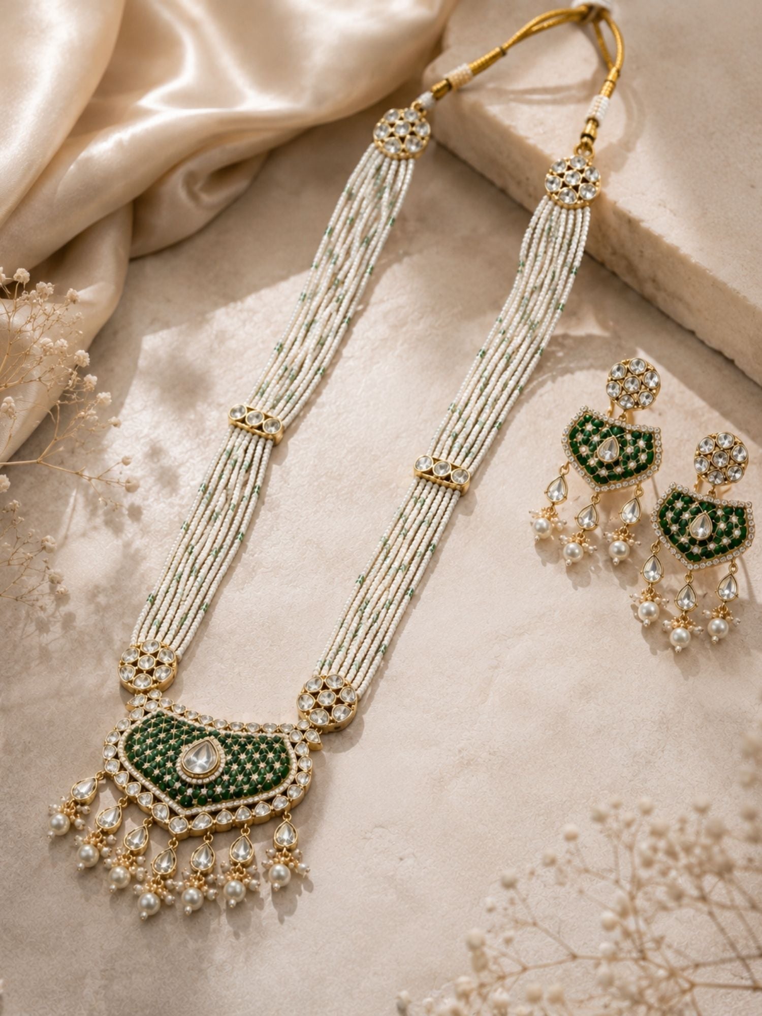 Traditional Pearl Mala Necklace Set with Ruby Kundan Pendant | Bridal Long Haram Jewellery | Abdesigns Jewellery