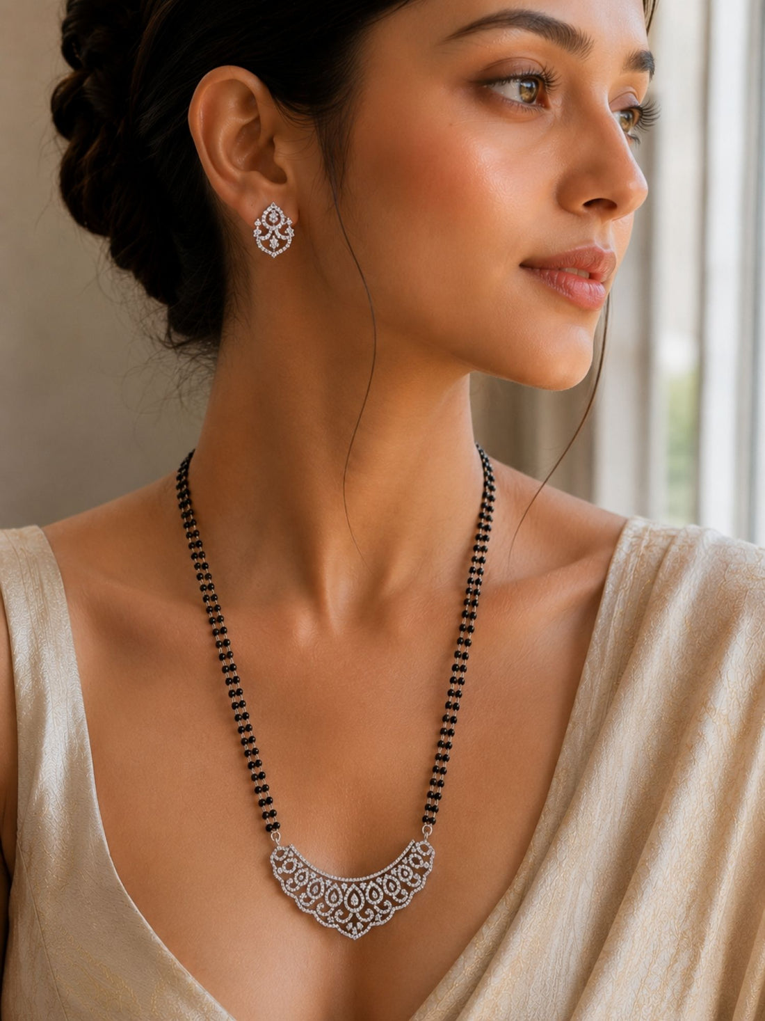 Designer Diamond Mangalsutra Set in Silver Finish | Abdesigns