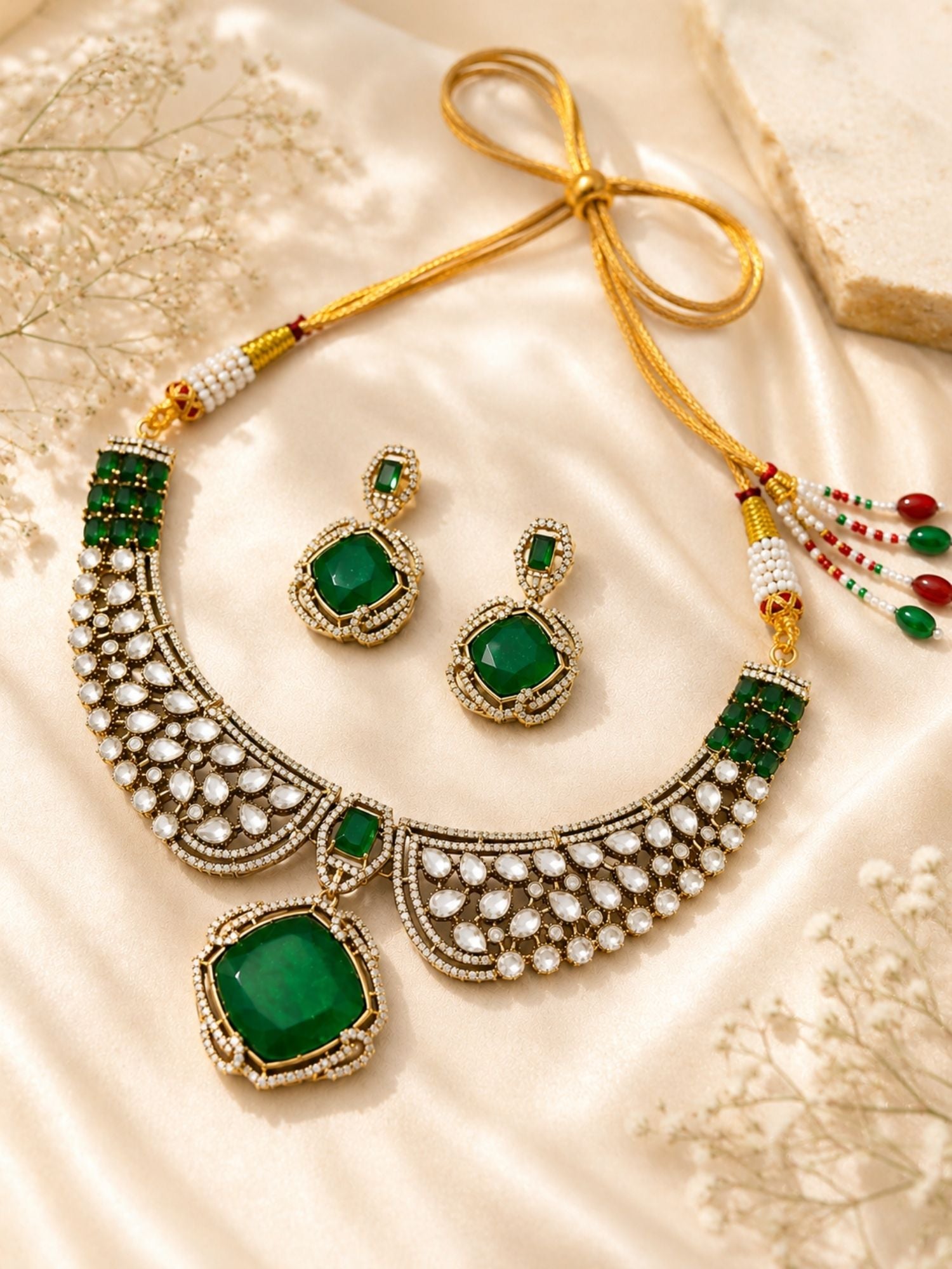 Gold Polki Green Emerald Stone Necklace Set | Abdesigns Jewellery