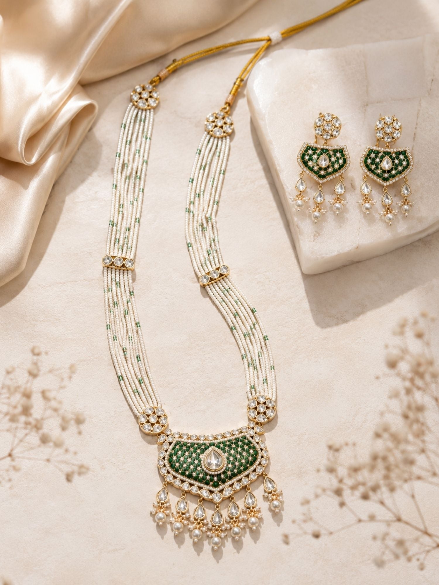 Traditional Pearl Mala Necklace Set with Ruby Kundan Pendant | Bridal Long Haram Jewellery | Abdesigns Jewellery