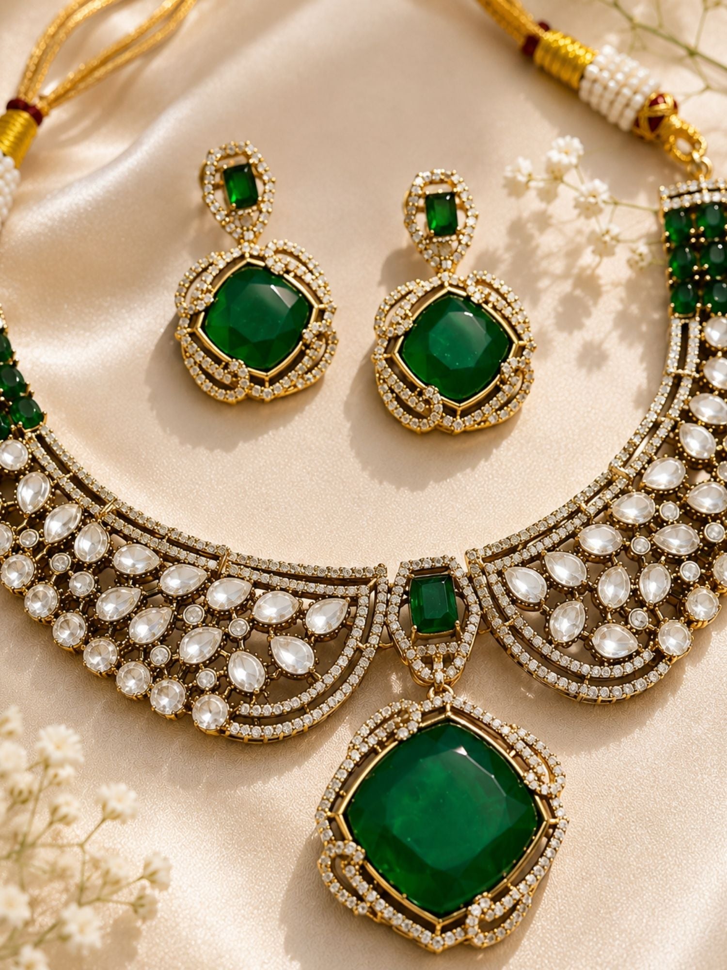 Gold Polki Green Emerald Stone Necklace Set | Abdesigns Jewellery