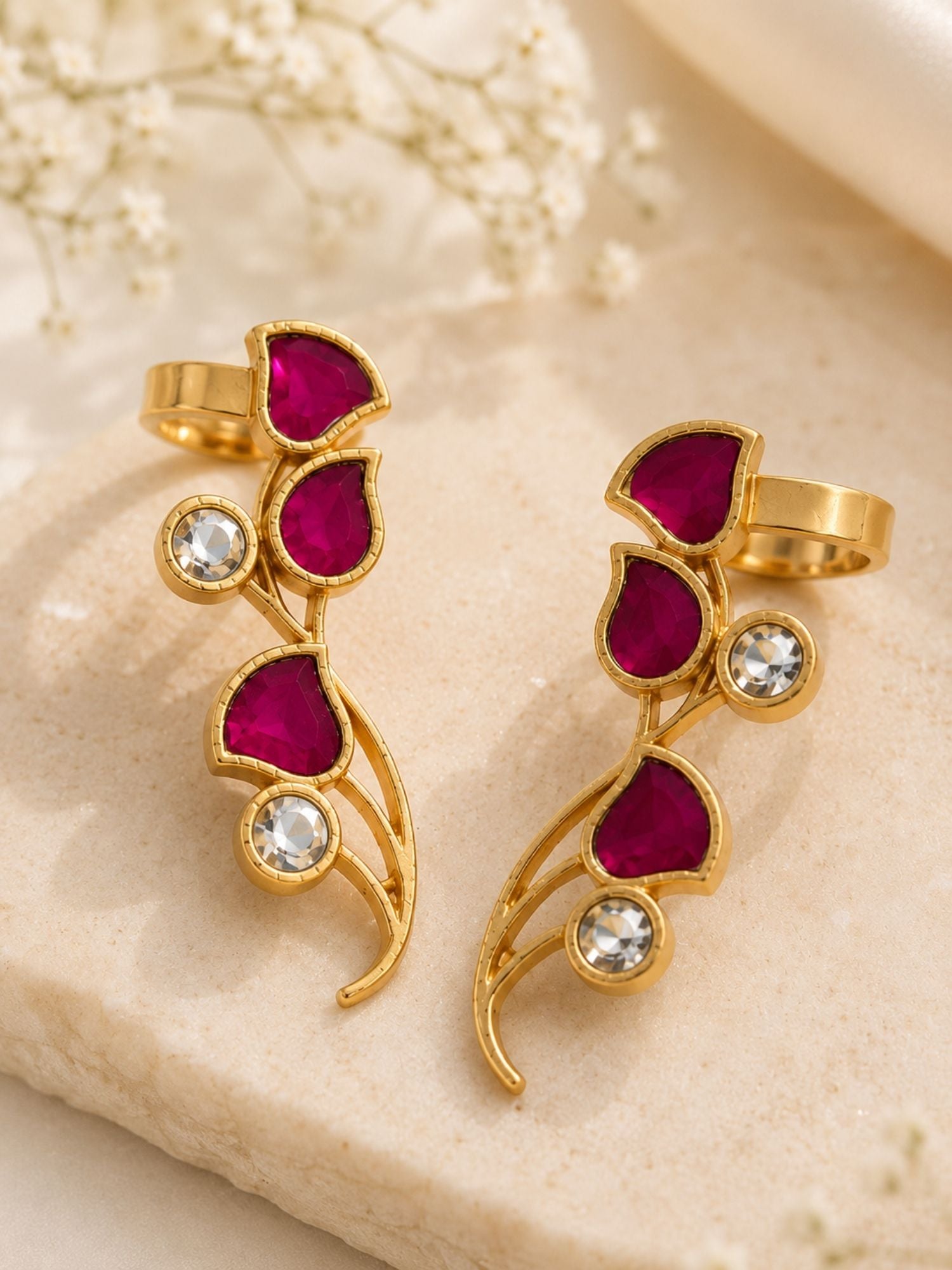 Pink Kemp Stone Ear Cuff Earrings in Gold Plating | Abdesigns
