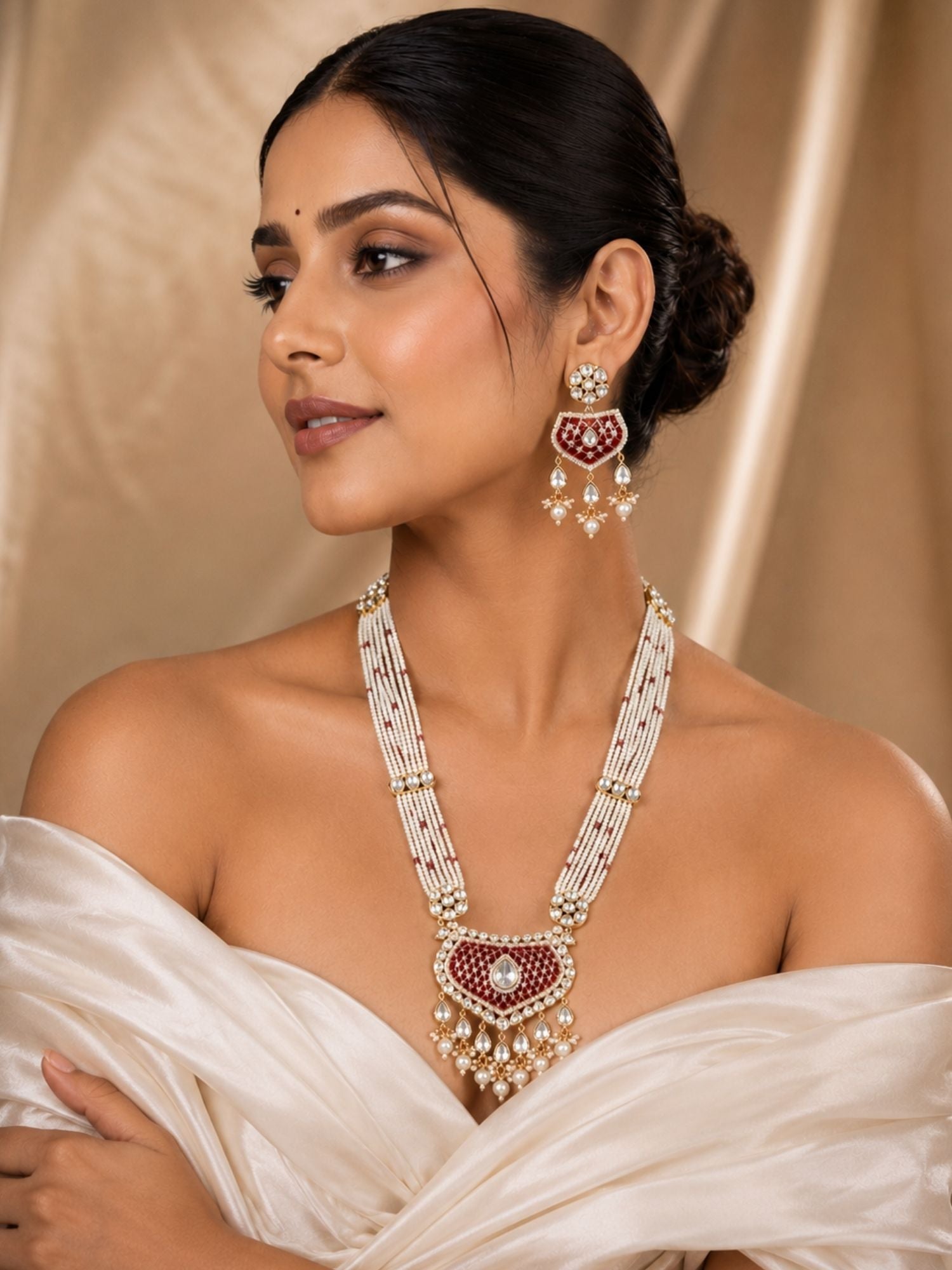 Traditional Pearl Mala Necklace Set with Ruby Kundan Pendant | Bridal Long Haram Jewellery | Abdesigns Jewellery