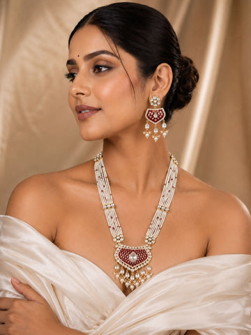 Traditional Pearl Mala Necklace Set with Ruby Kundan Pendant | Bridal Long Haram Jewellery | Abdesigns Jewellery
