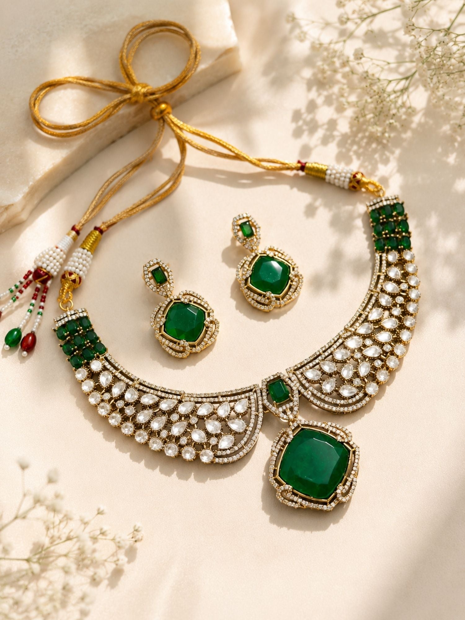 Gold Polki Green Emerald Stone Necklace Set | Abdesigns Jewellery
