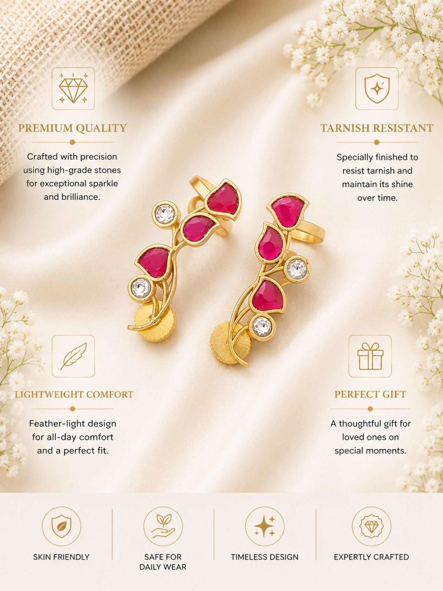 Pink Kemp Stone Ear Cuff Earrings in Gold Plating | Abdesigns