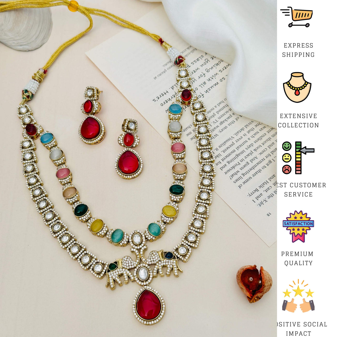 Multicolour Gold Plated Polki Layered Elephant Bridal Necklace