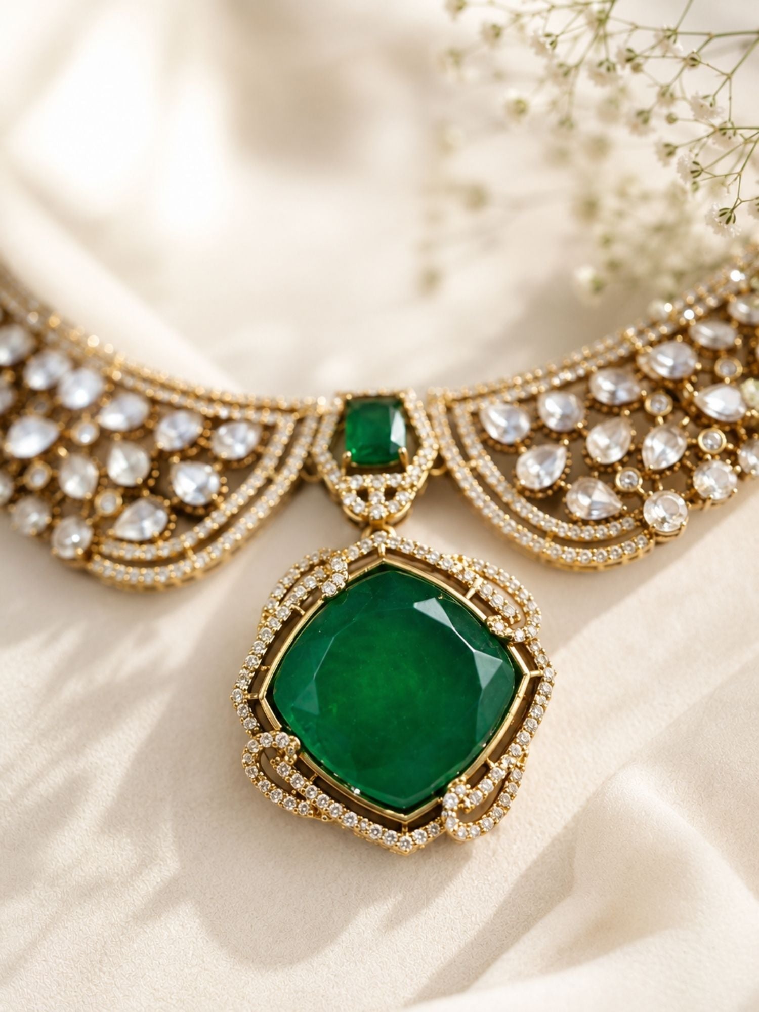 Gold Polki Green Emerald Stone Necklace Set | Abdesigns Jewellery