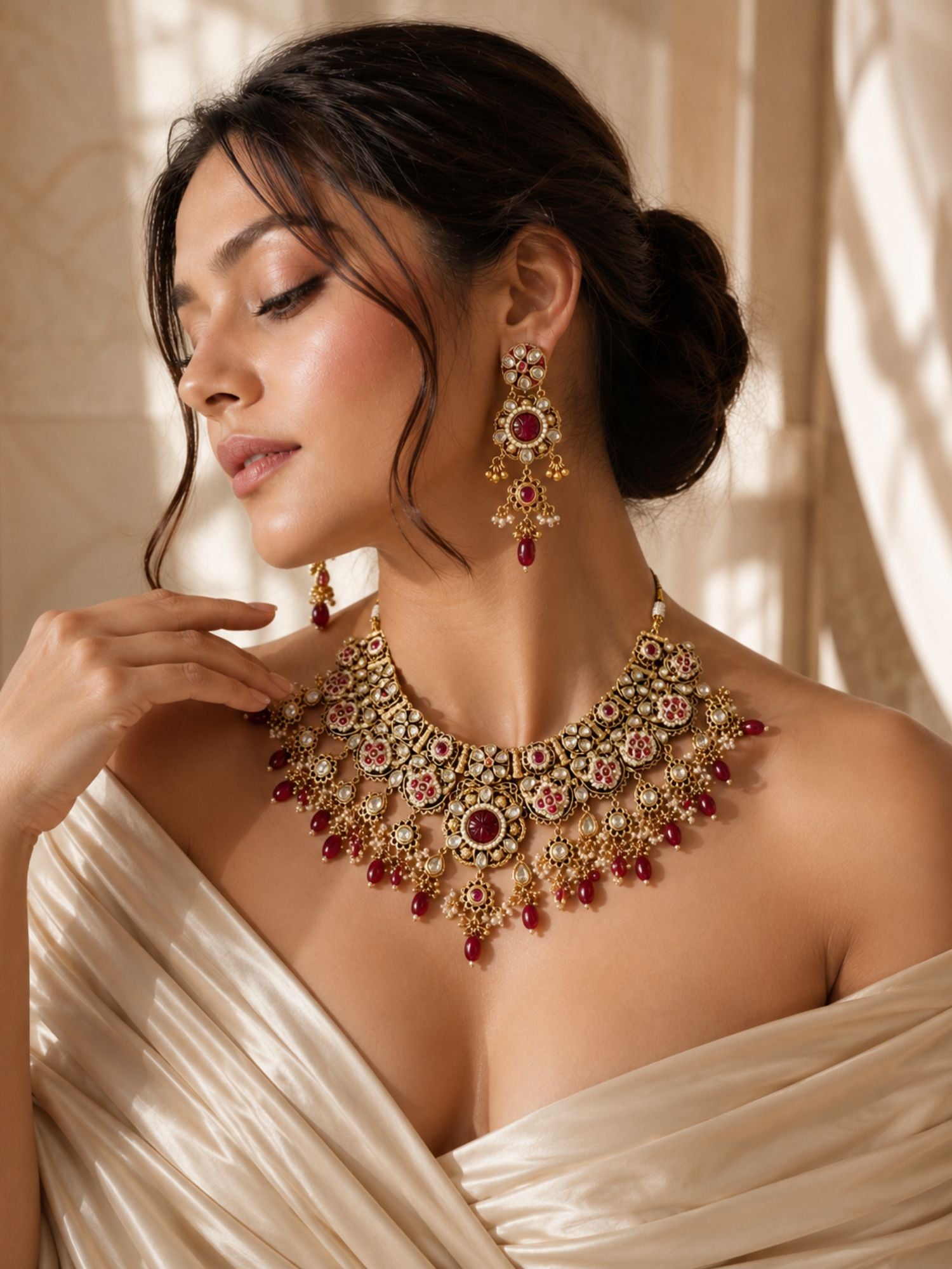 Antique Gold Plating Bridal Ruby Kundan Choker Necklace Set | Abdesigns