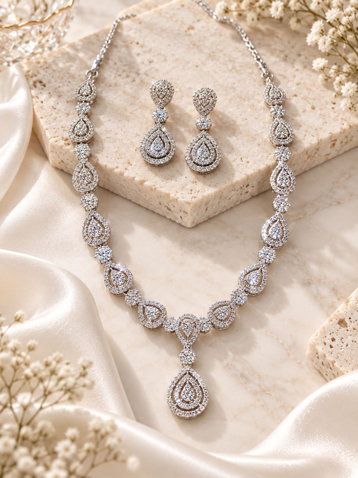 Silver Plated AD Stone Teardrop Necklace Set with Earrings for Women