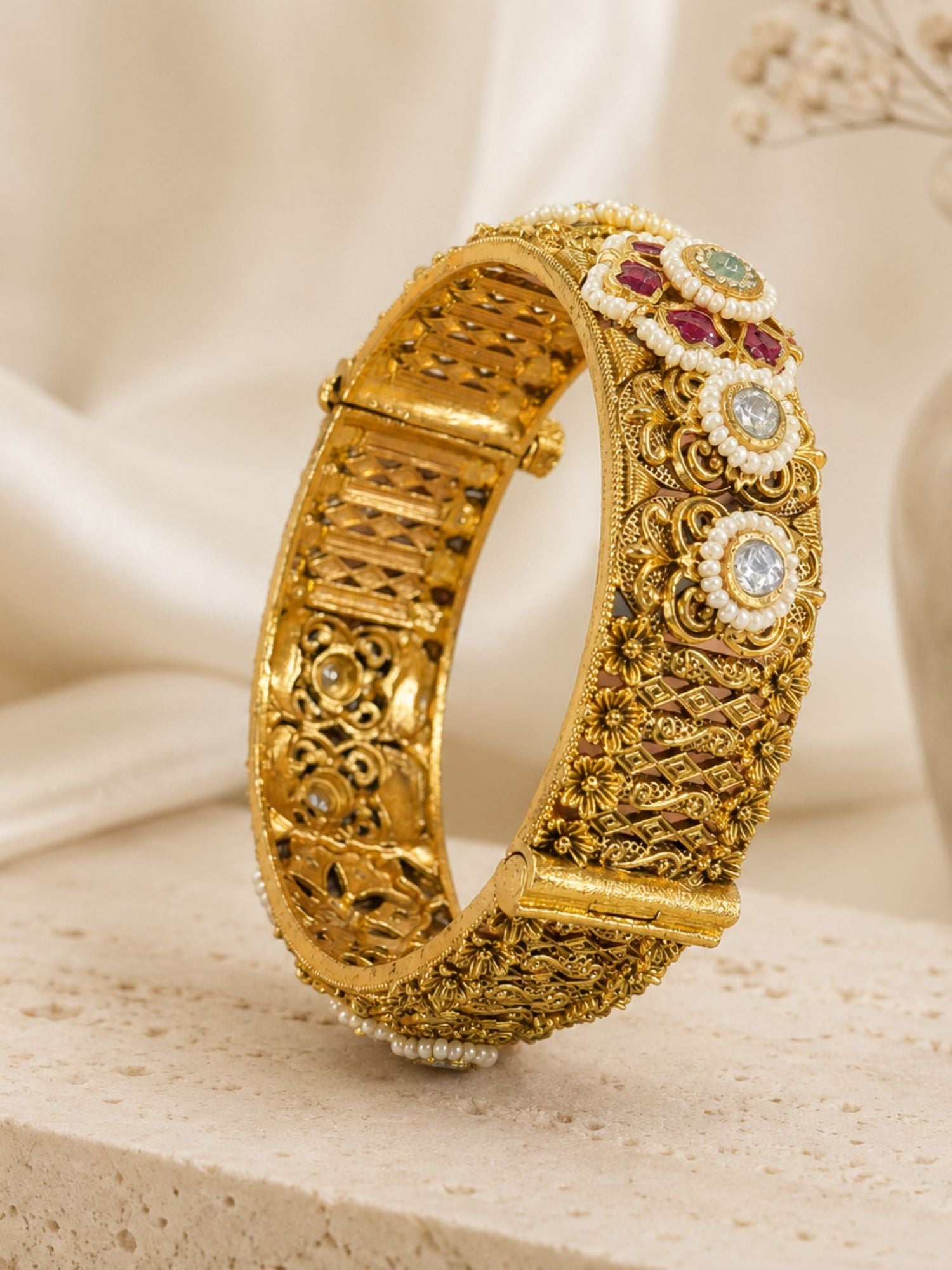 Antique Ahmedabadi Jadau Gold Kundan Floral Bangles – Bridal Set | Abdesigns