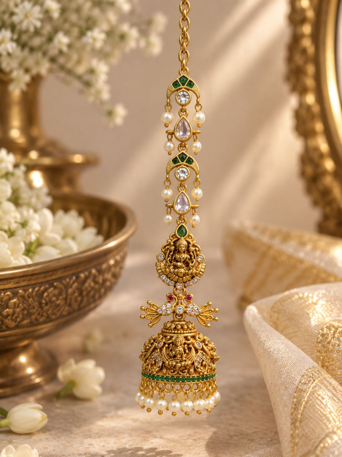 Traditional Lakshmi Temple Kaan Chain Jhumka Earrings