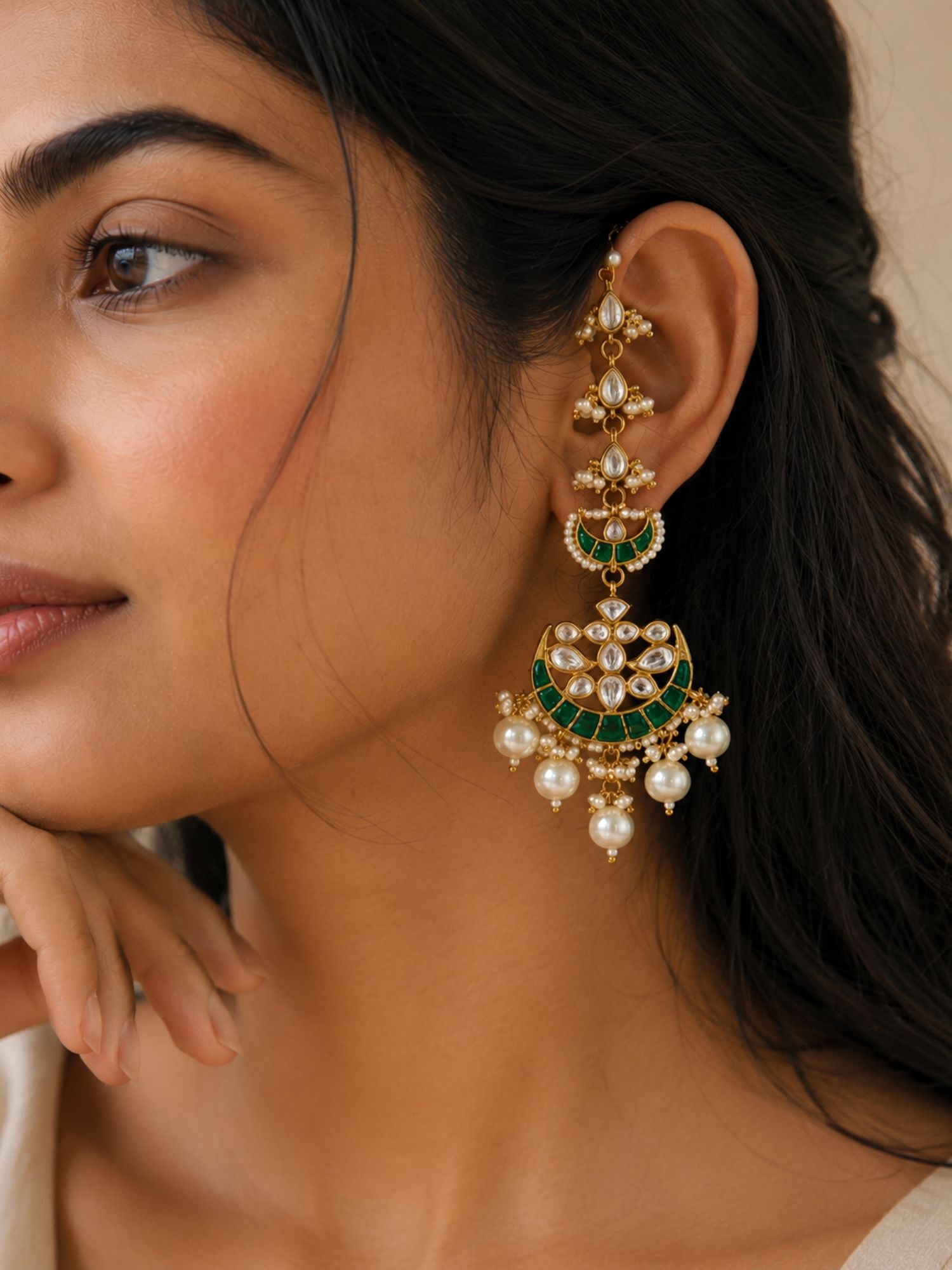 Abdesigns Pachi Kundan Ear Cuff Chandbali Earrings with Pearl Drops