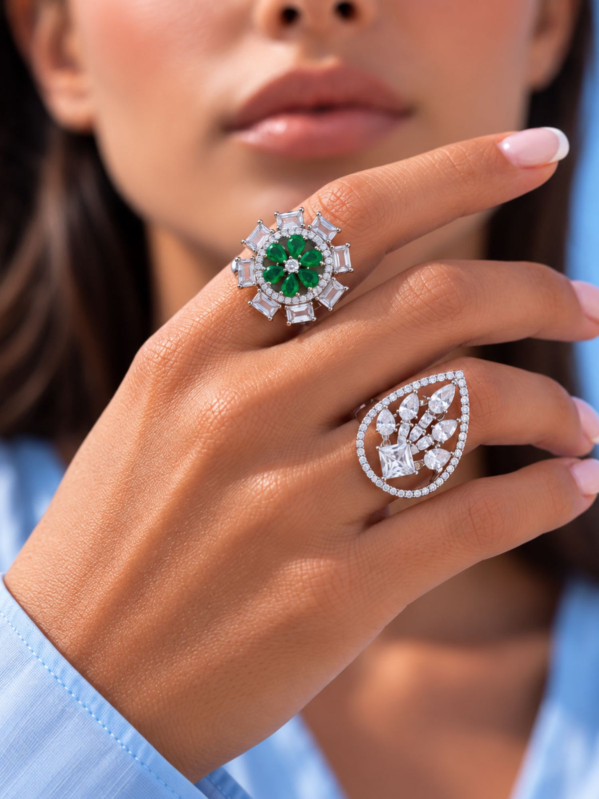 Set of 2 Silver Plated AD Stone Floral & Teardrop Statement Rings for Women