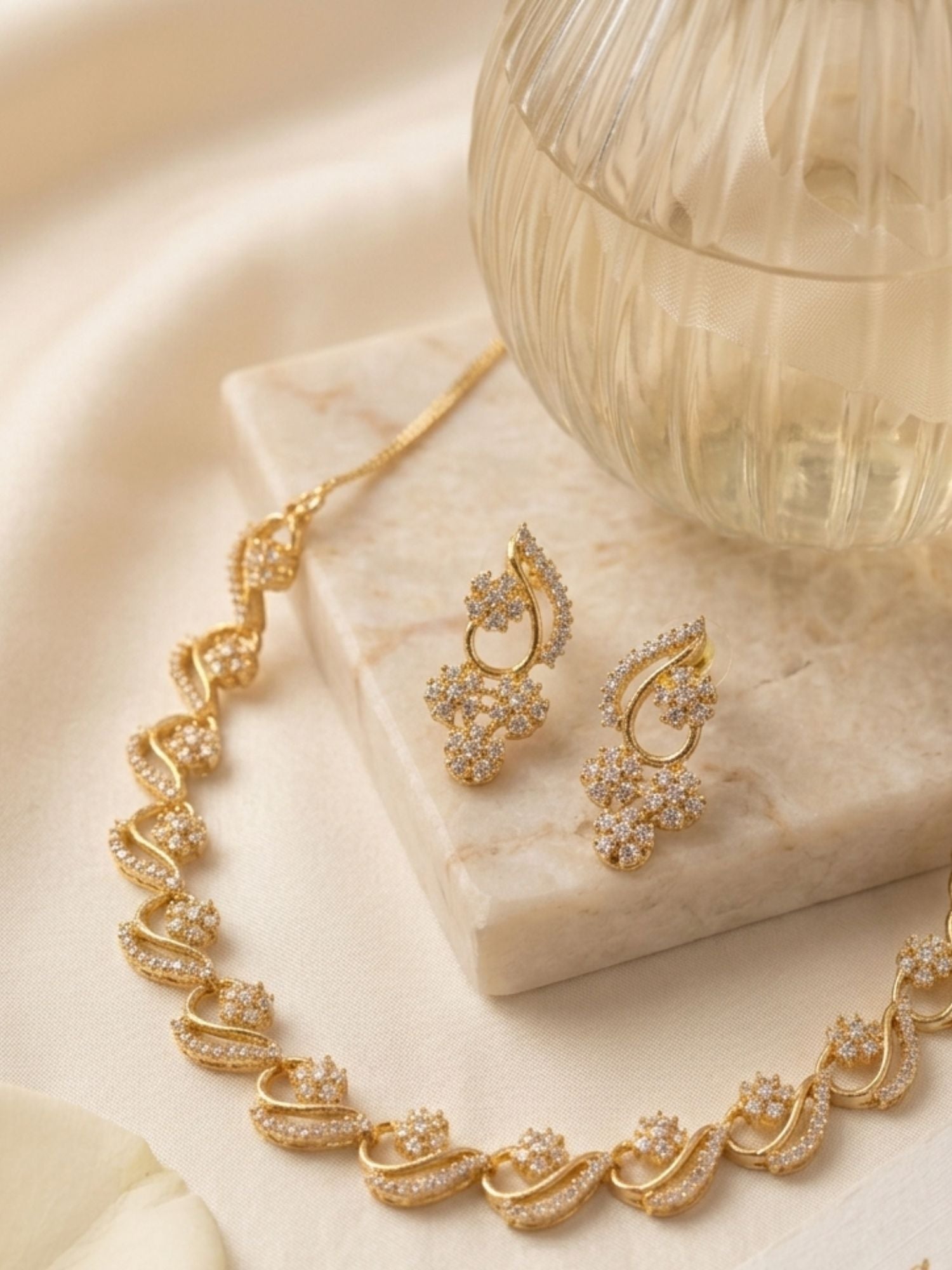 Floral American Diamond Necklace Set with Earrings – Gold, Rose Gold & Silver Plated | Abdesigns