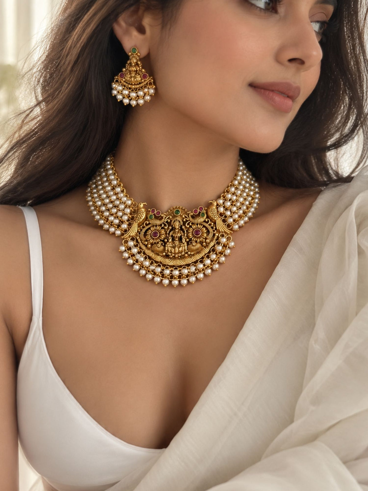 Gold Plated Temple Lakshmi Pearl Necklace Set with Earrings