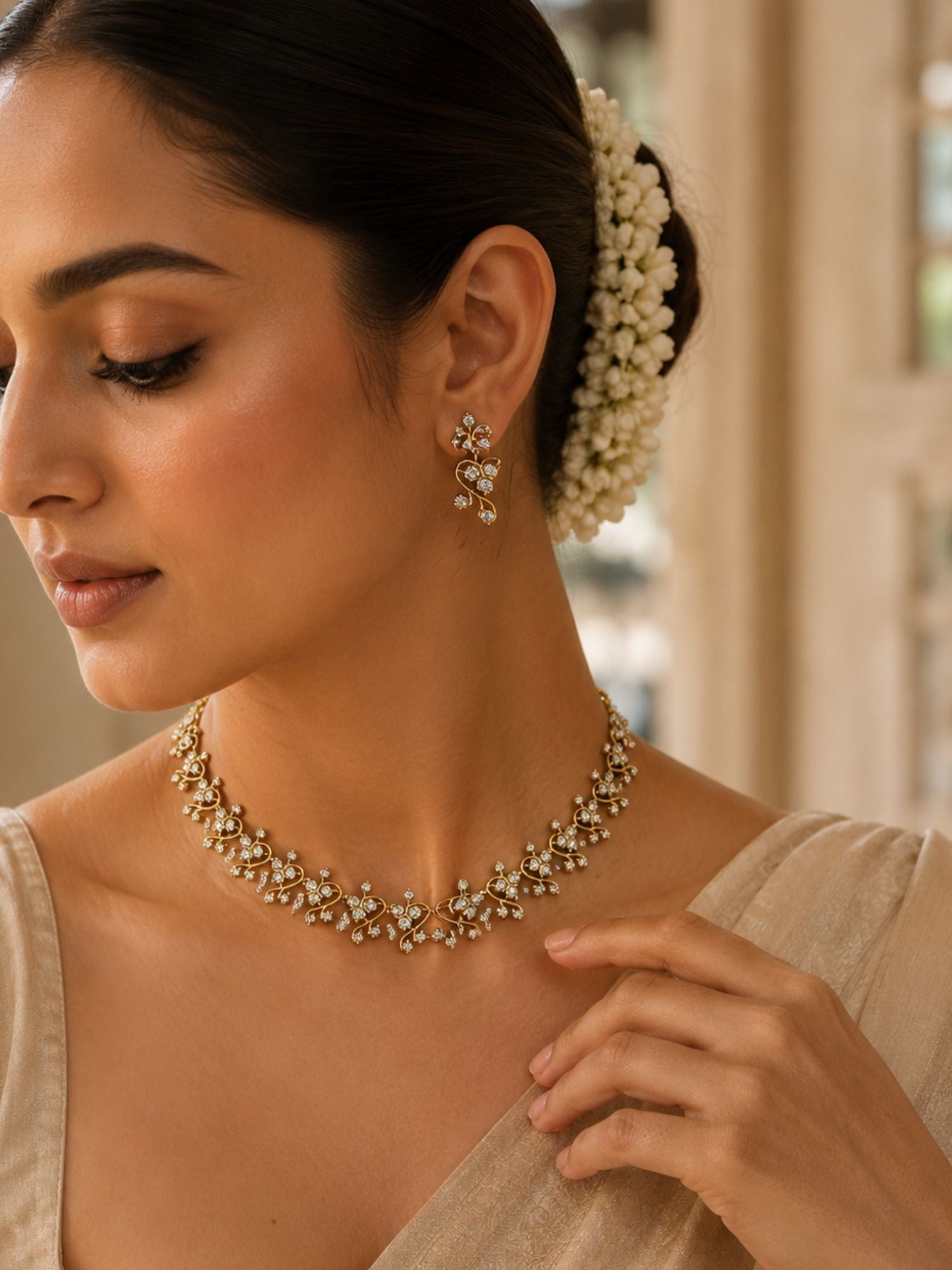 Gold Plating Solitaire American Diamond Necklace Set | Abdesigns