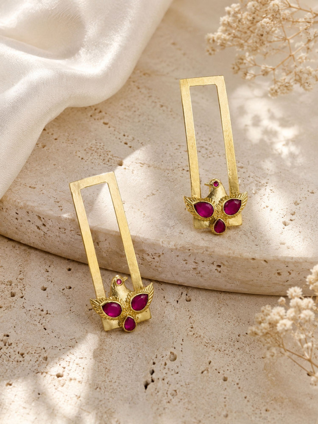 Pink Kemp Bird Motif Earrings in Gold Plating Festive Wear | Abdesigns