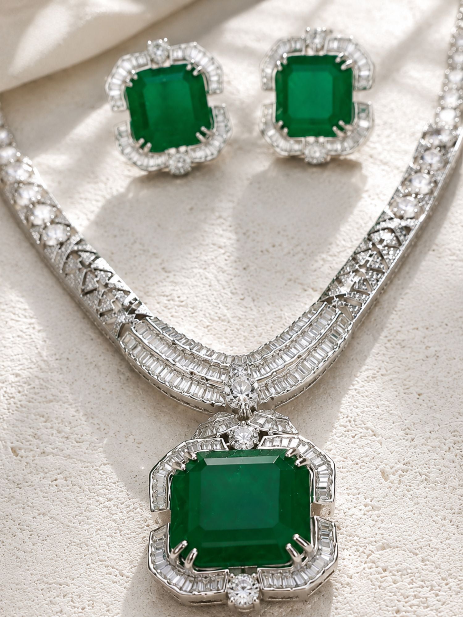 Emerald Green CZ Necklace Set in Silver Plating – Party | Abdesigns