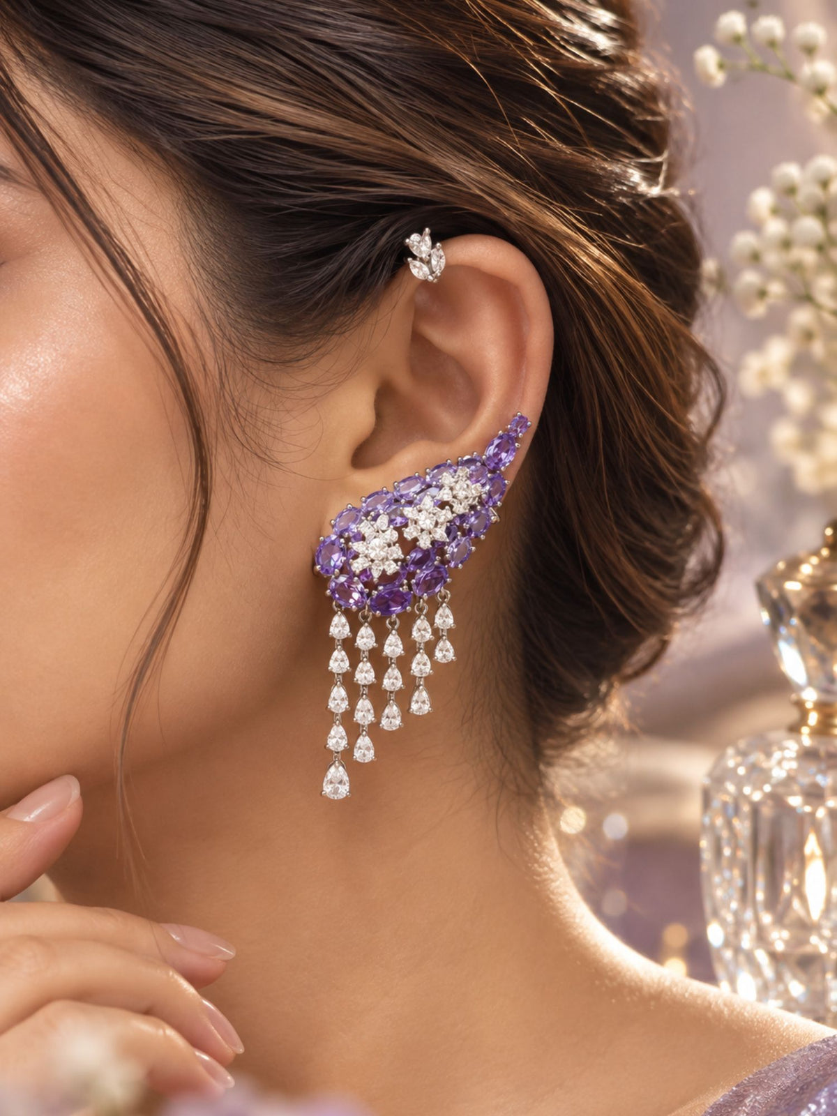 Silver Plated AD Stone Floral Statement Ear Cuff Earrings for Women