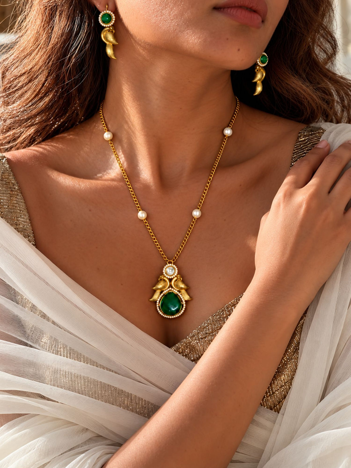 Gold Plated Green Stone Bird Pendant Necklace Set with Earrings for Women