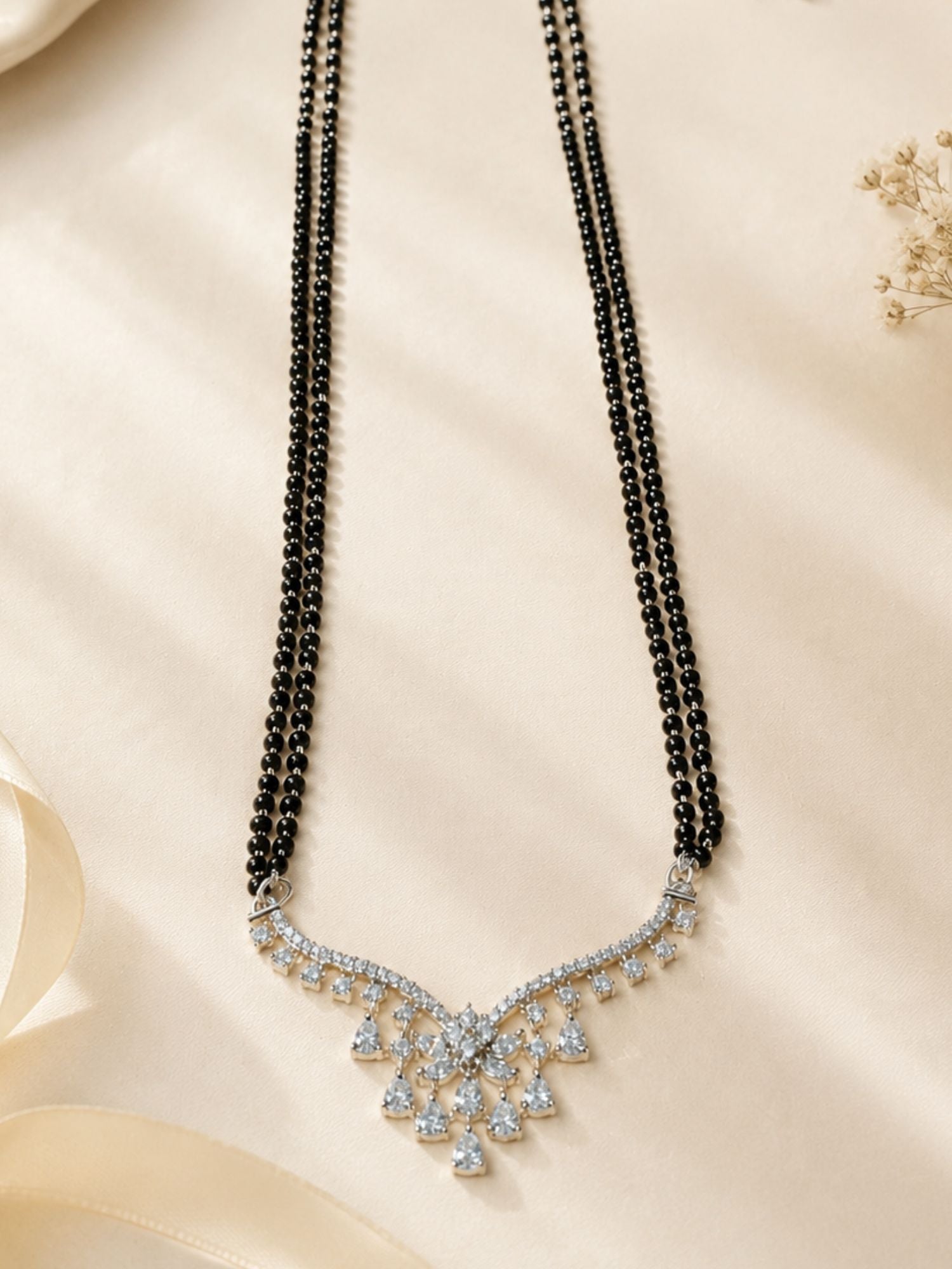 Alice Christy Silver Plated CZ Mangalsutra with Double Black Bead Chain