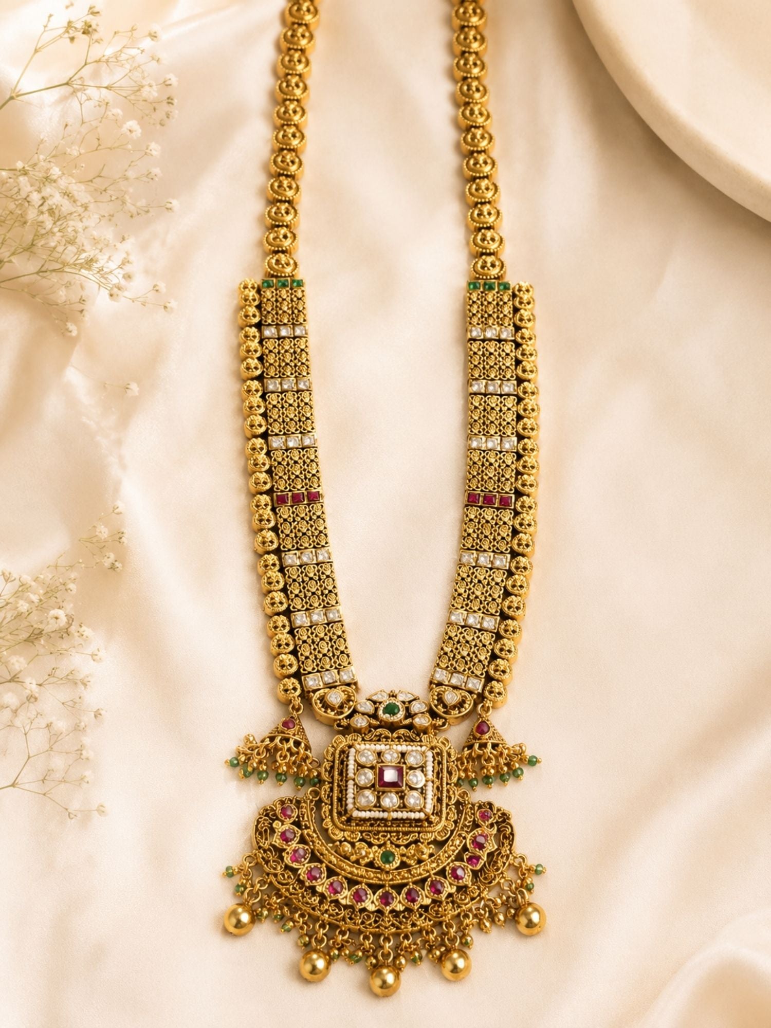 Gold Multicolour Ruby Green Stones Kundan Long Necklace Set  | Abdesigns