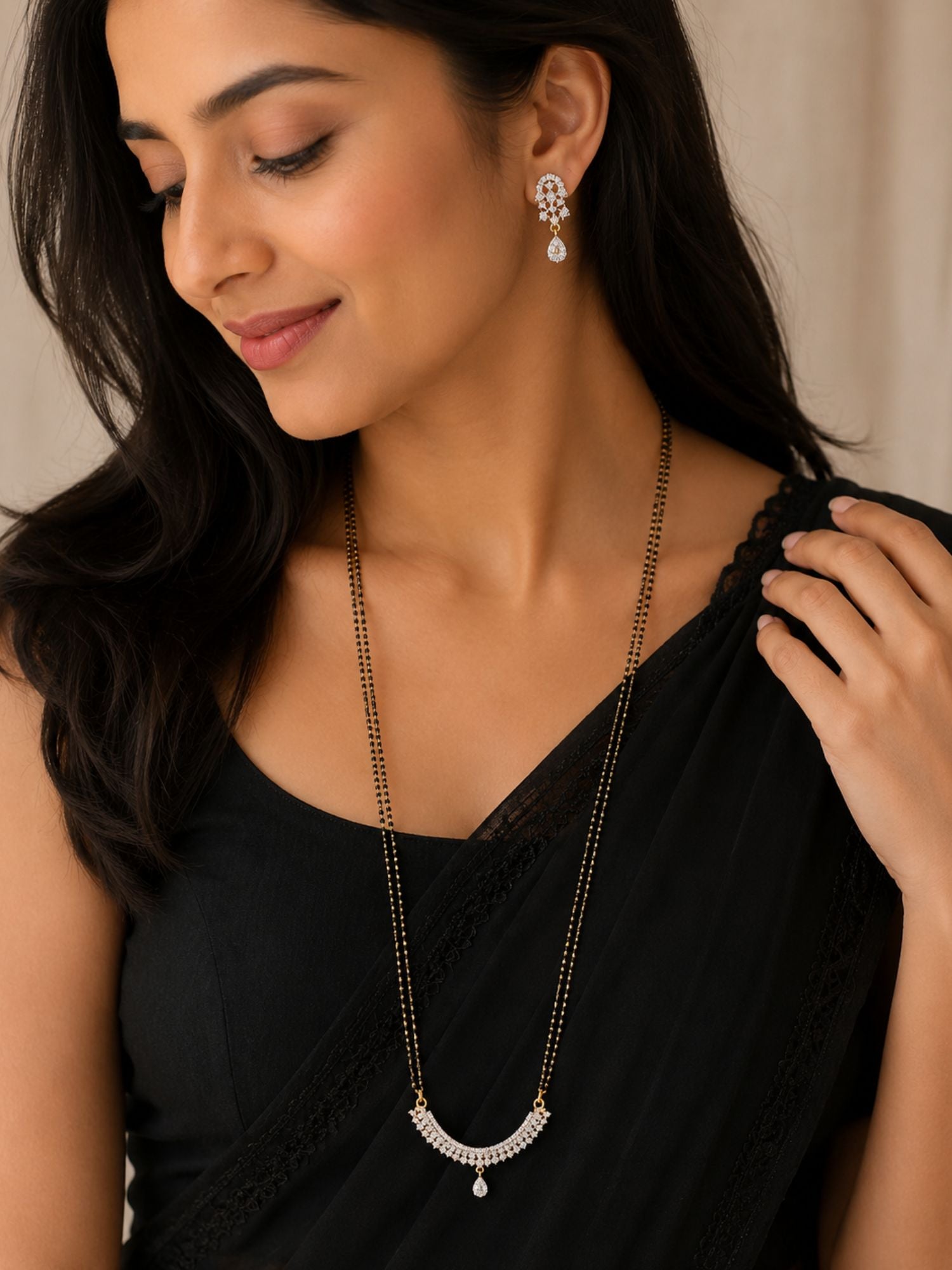 Long Diamond Mangalsutra Design | Gold Plated American Diamond | 30 Inch | Abdesigns