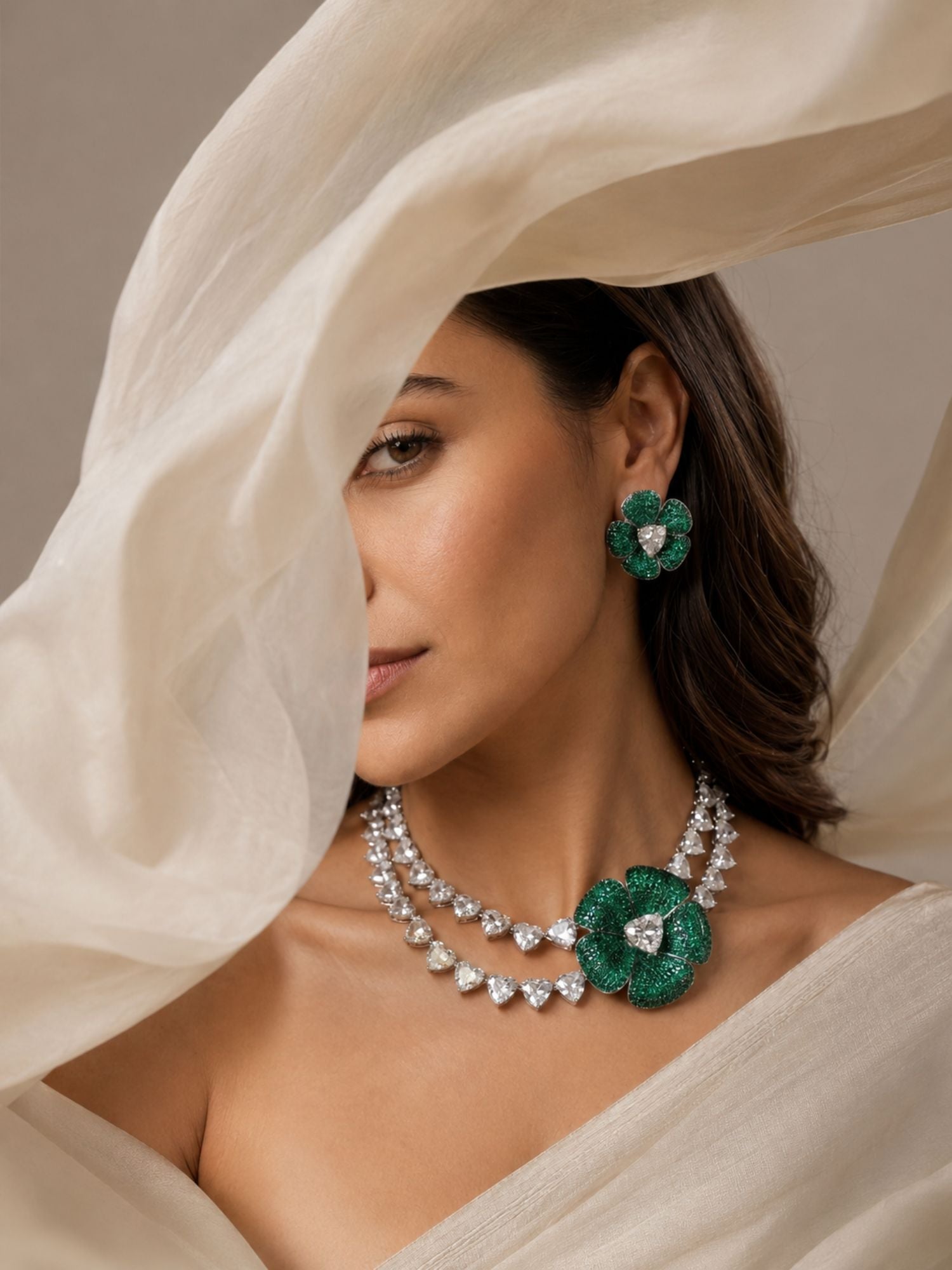 Emerald Bloom Floral Necklace Set with Crystal Petal Drops - necklace by Abdesigns Jewellery