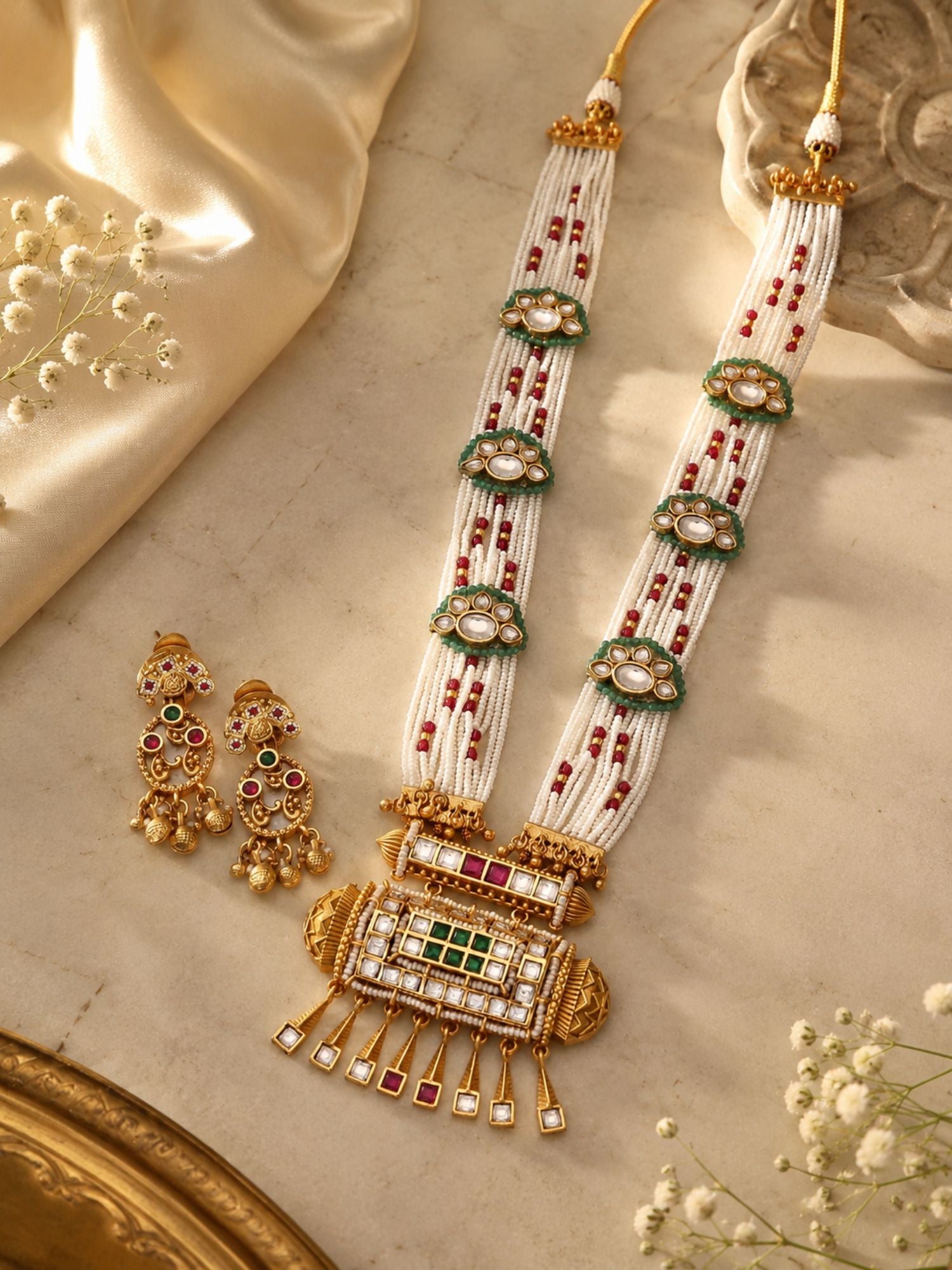 Antique Gold Plated Multicolor Kundan Pearl Layered Mala Necklace Set with Earrings
