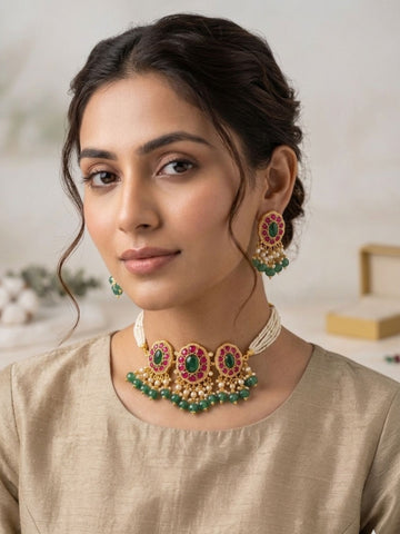 Gold Plated Emerald Pachi Kundan Necklace Set - necklace by Abdesigns Jewellery
