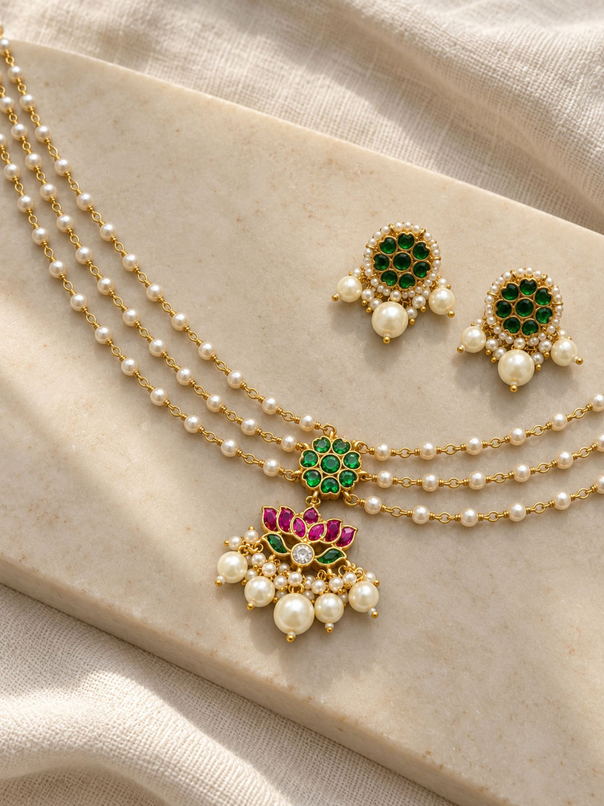 Gold Plated Kundan Green Stone Lotus Pearl Choker Necklace Set with Earrings for Women